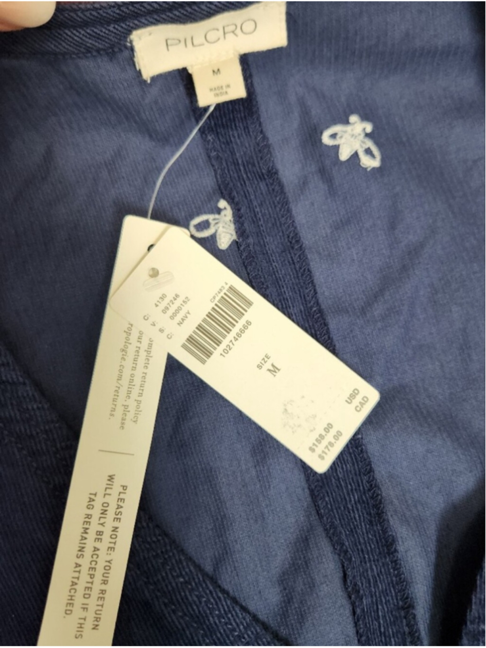 Pilcro Anthropologie Corduroy Blue Dress Puff Sleeve Embroidered Bees Sz M Cute - Picture 11 of 12